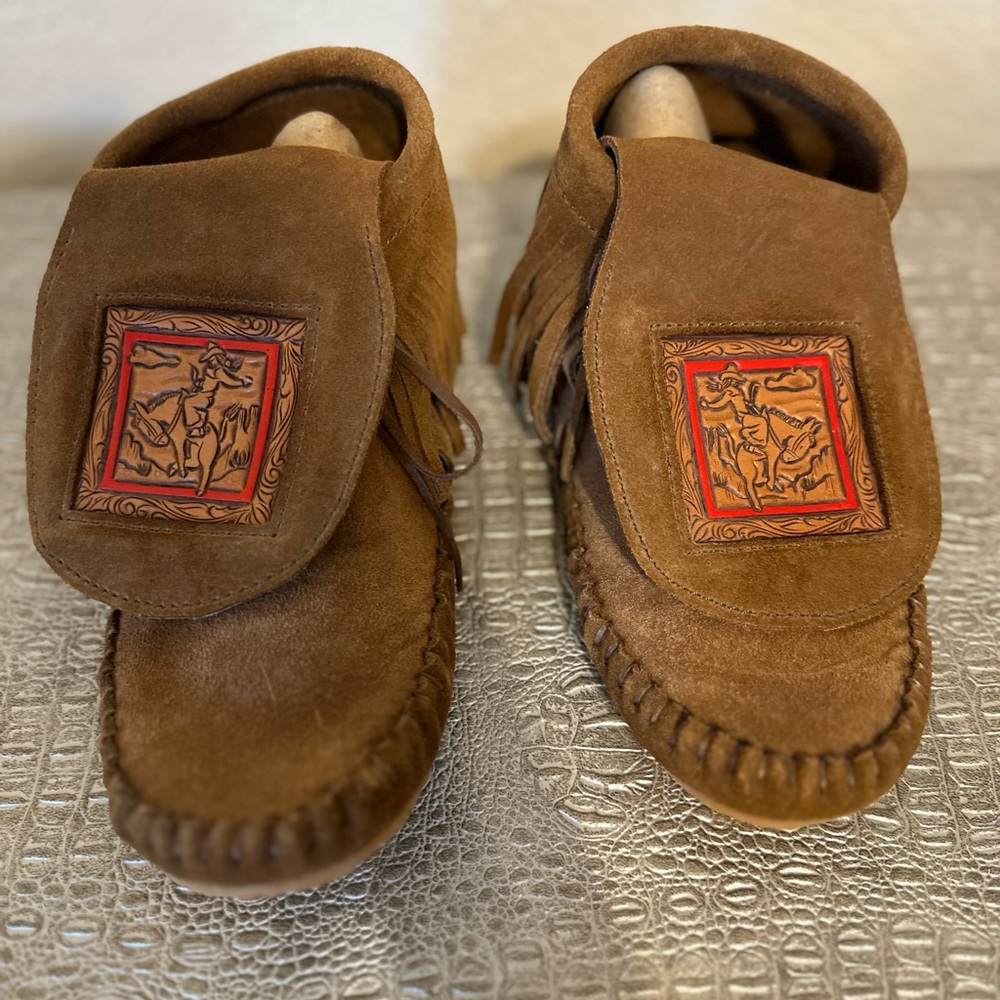 Brown Suede Moccasins with Embroidered Patch